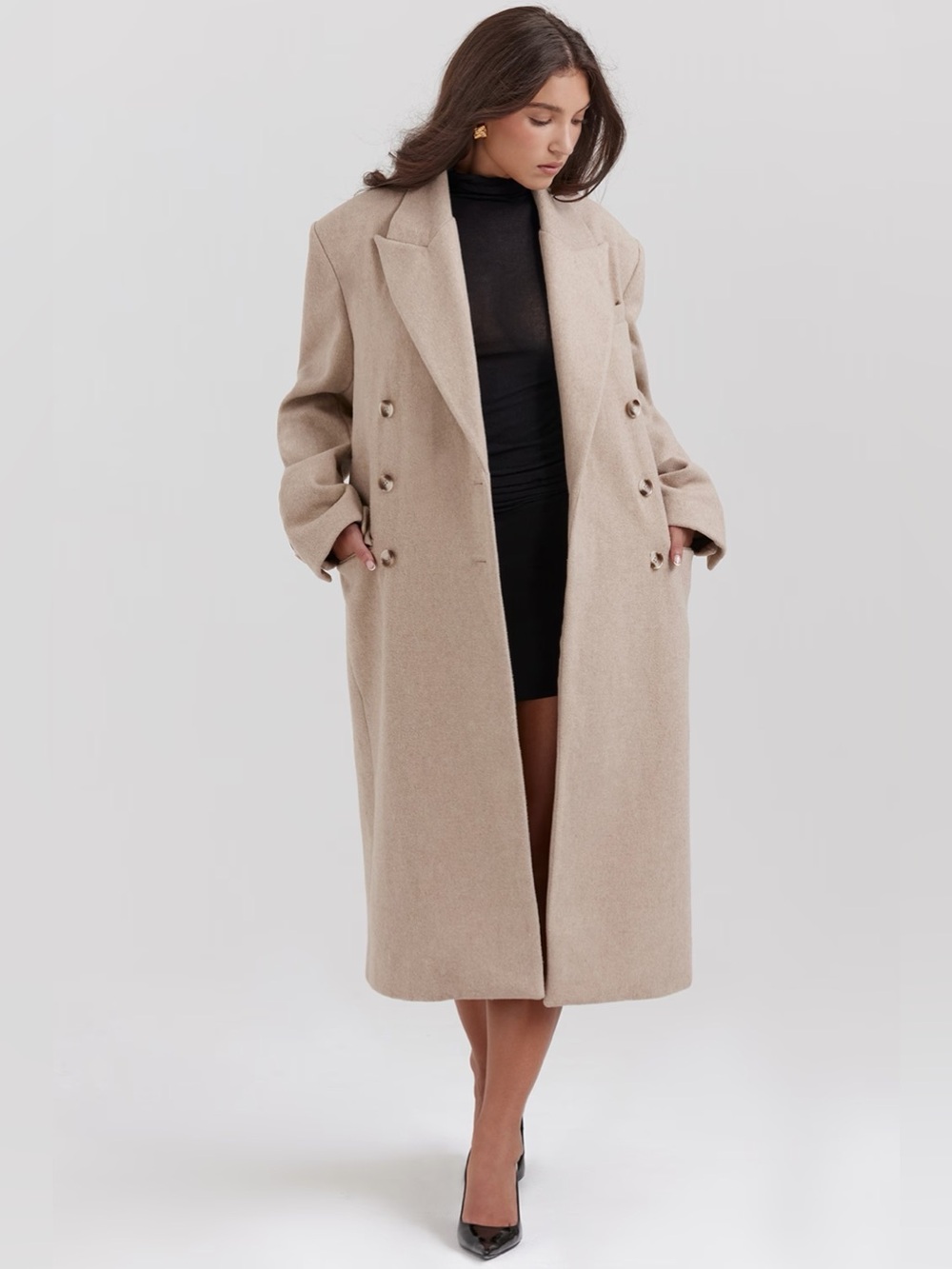 House of CB SIZE M OVERSIZED TAN BEIGE MIDI LENGTH COAT Carter double breasted